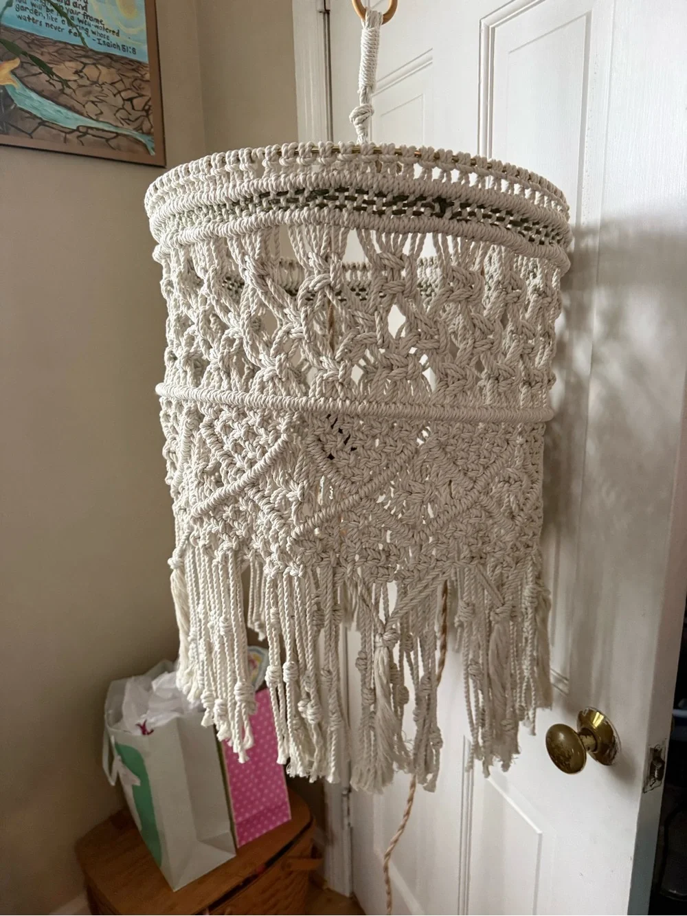Cream Macramé Hanging Lantern - Boho Woven Shade